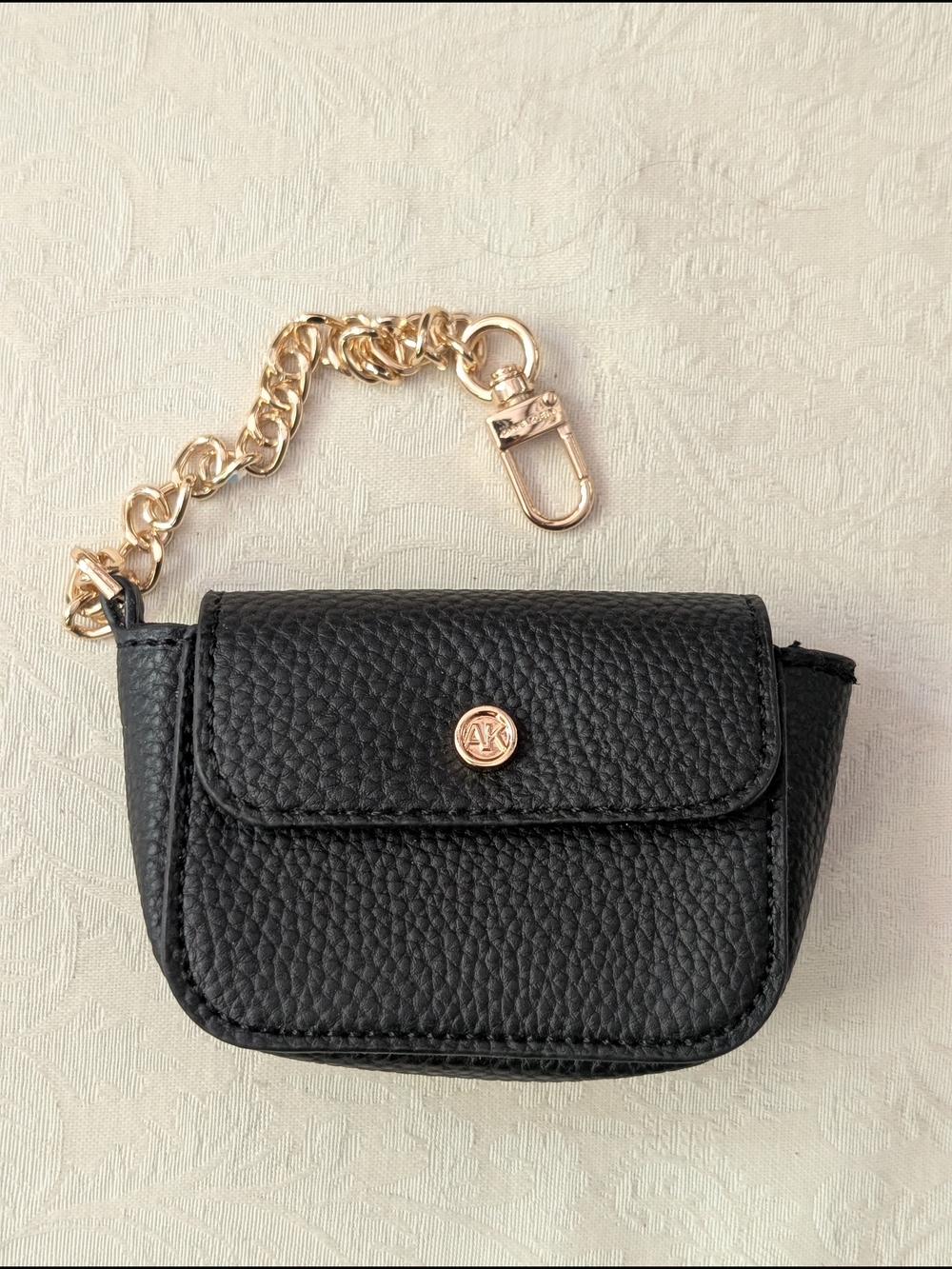 Anne Klein Black Charm Pouch Clip-On Bag Charm w/ Gold Chain Logo Accent